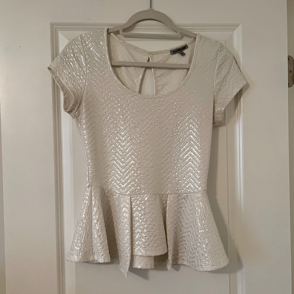 Charlotte Russe Shimmery White Short Sleeve Dressy Shirt